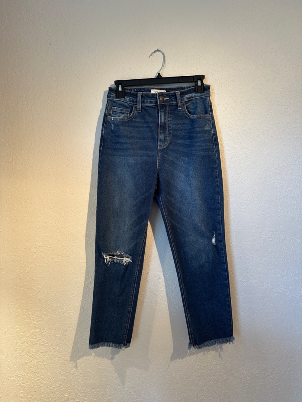 Cello Dark Blue High-Rise Distressed Straight Jeans